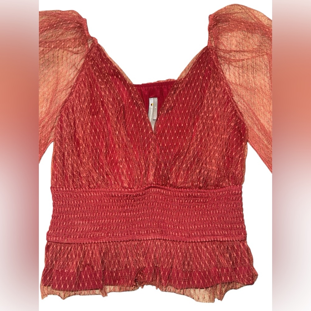 Anthropologie Red Textured Blouse with Sheer Sleeves - Picture 2 of 10